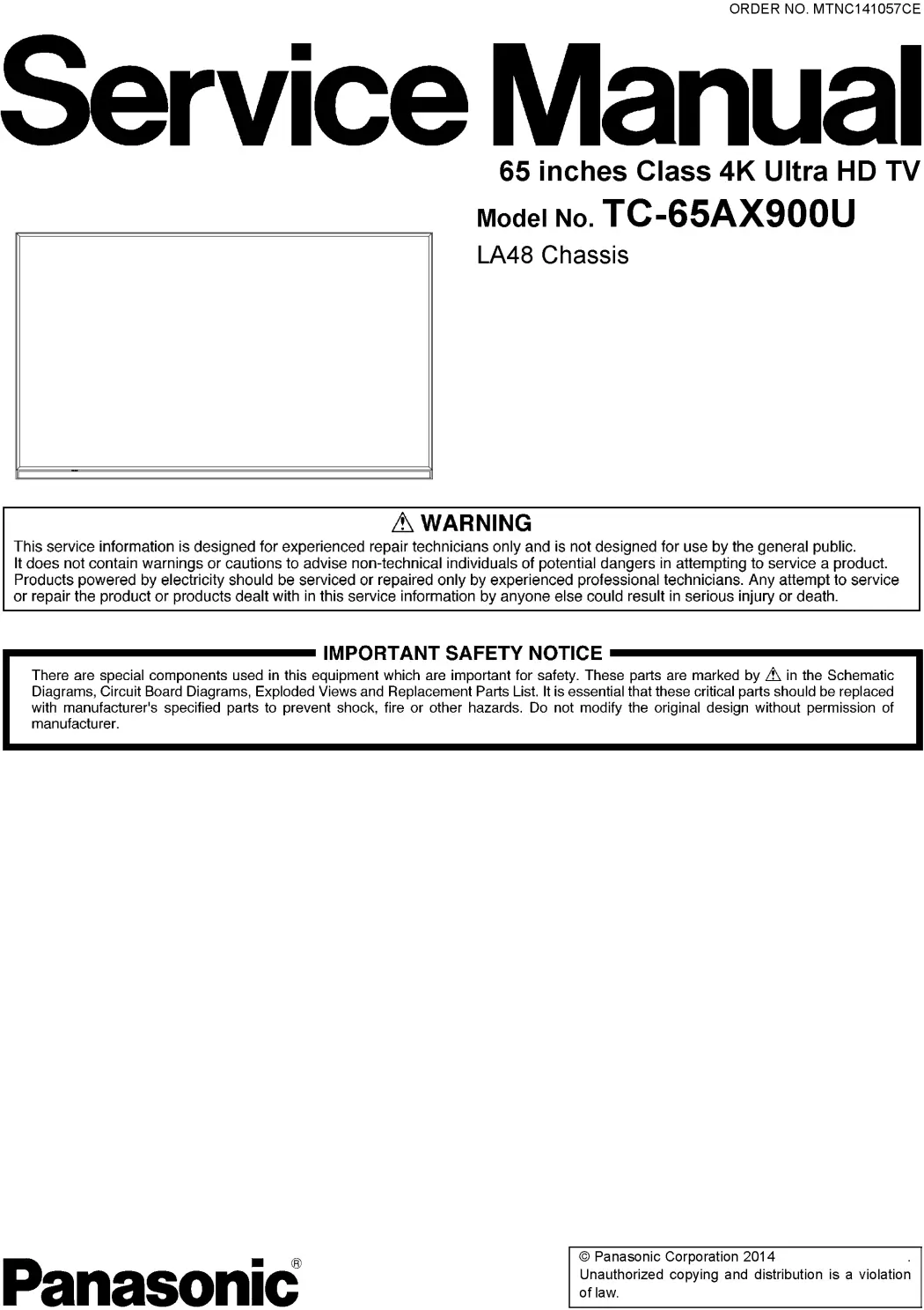 Panasonic tc 65ax900u service manual cover with photo of the television, TV type, chassis code, model code, creation date and document number