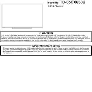 Panasonic tc 65cx650u service manual cover with photo of the television, TV type, chassis code, model code, creation date and document number