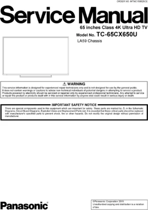 Panasonic tc 65cx650u service manual cover with photo of the television, TV type, chassis code, model code, creation date and document number