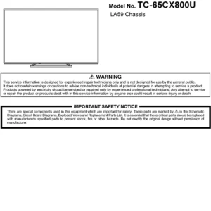 Panasonic tc 65cx800u service manual cover with photo of the television, TV type, chassis code, model code, creation date and document number