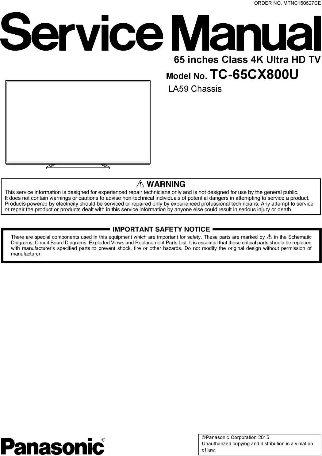 Panasonic tc 65cx800u service manual cover with photo of the television, TV type, chassis code, model code, creation date and document number