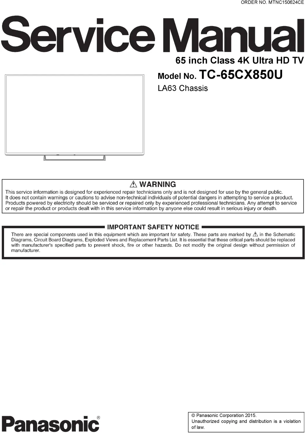 Panasonic tc 65cx850u service manual cover with photo of the television, TV type, chassis code, model code, creation date and document number