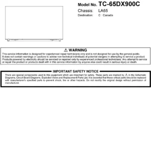 Panasonic tc 65dx900 65dx900c service manual cover with photo of the television, TV type, chassis code, model code, creation date and document number