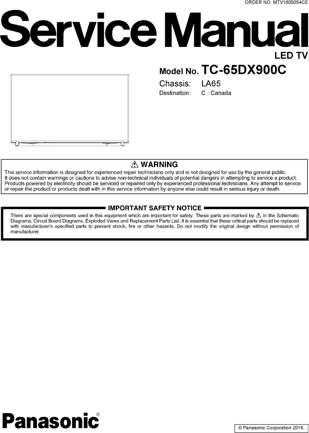 Panasonic tc 65dx900 65dx900c service manual cover with photo of the television, TV type, chassis code, model code, creation date and document number