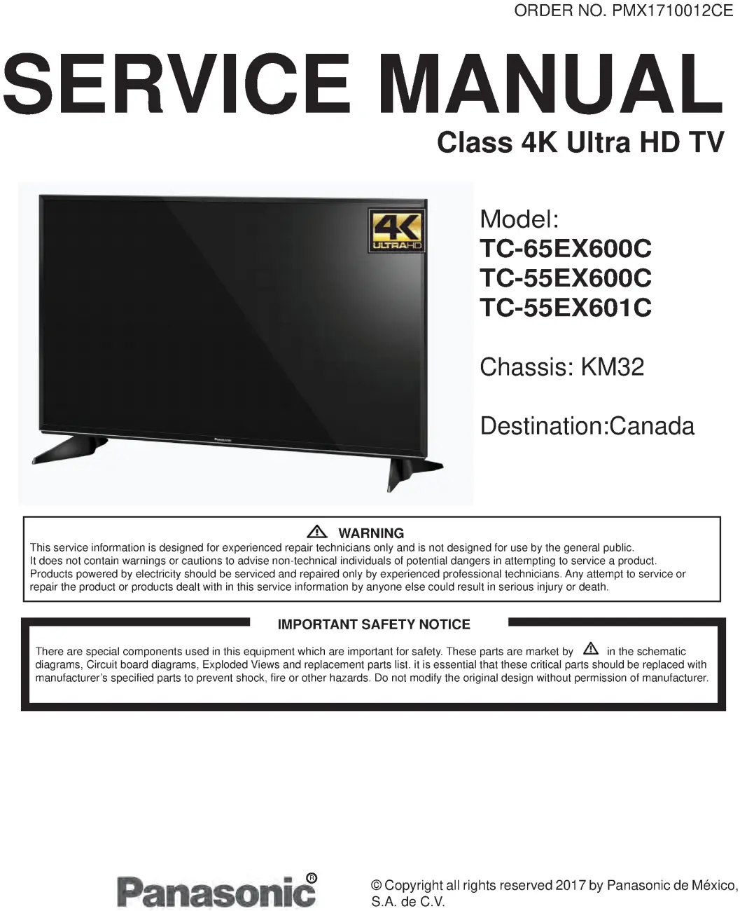 Panasonic tc 65ex600 55ex600 55ex601 service manual cover with photo of the television, TV type, chassis code, model code, creation date and document number