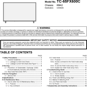 Panasonic tc 65fx600 65fx600c service manual cover with photo of the television, TV type, chassis code, model code, creation date and document number