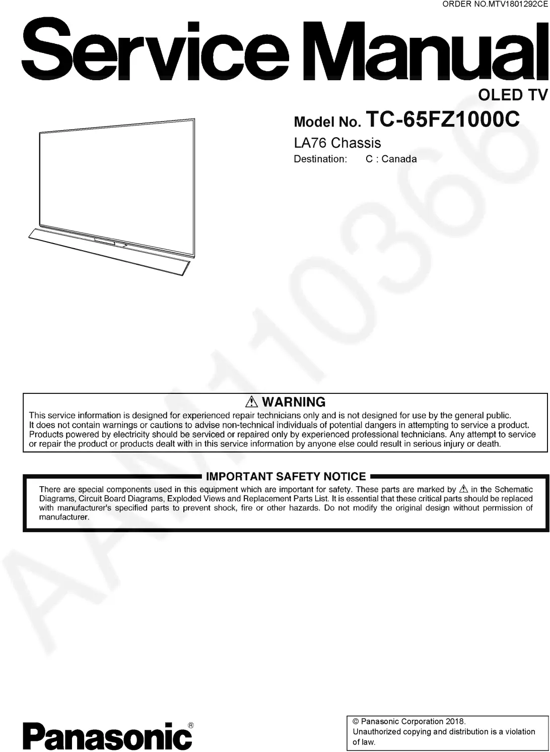 Panasonic tc 65fz1000 65fz1000c service manual cover with photo of the television, TV type, chassis code, model code, creation date and document number