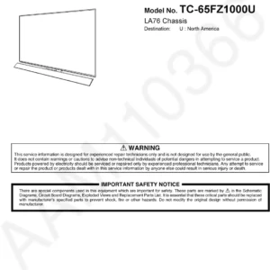 Panasonic tc 65fz1000u service manual cover with photo of the television, TV type, chassis code, model code, creation date and document number