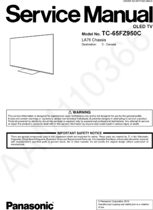 Panasonic tc 65fz950 65fz950c service manual cover with photo of the television, TV type, chassis code, model code, creation date and document number