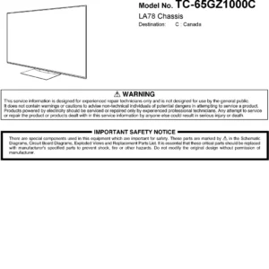 Panasonic tc 65gz1000 65gz1000c service manual cover with photo of the television, TV type, chassis code, model code, creation date and document number