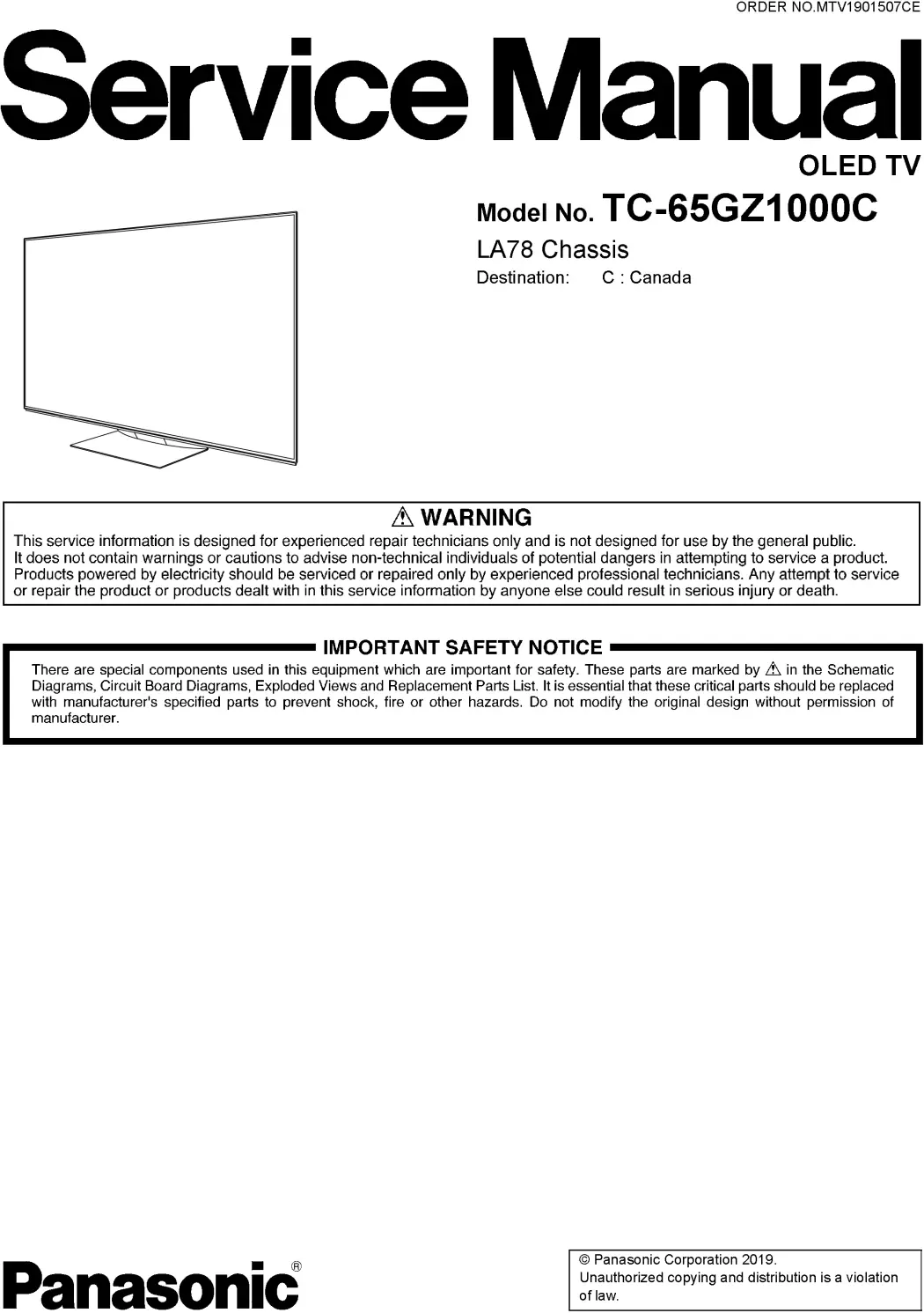 Panasonic tc 65gz1000 65gz1000c service manual cover with photo of the television, TV type, chassis code, model code, creation date and document number