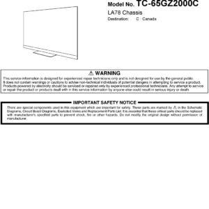 Panasonic tc 65gz2000 65gz2000c service manual cover with photo of the television, TV type, chassis code, model code, creation date and document number