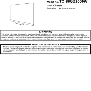 Panasonic tc 65gz2000 65gz2000w service manual cover with photo of the television, TV type, chassis code, model code, creation date and document number