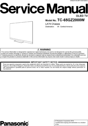 Panasonic tc 65gz2000 65gz2000w service manual cover with photo of the television, TV type, chassis code, model code, creation date and document number