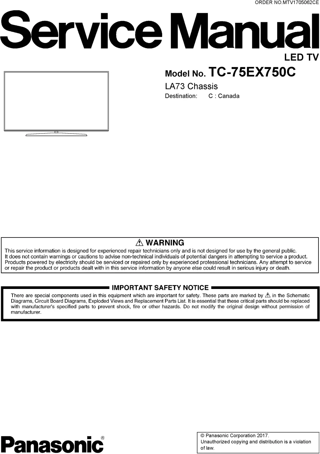 Panasonic tc 75ex750 75ex750c service manual cover with photo of the television, TV type, chassis code, model code, creation date and document number