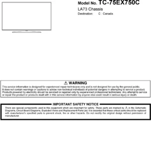 Panasonic tc 75ex750c service manual cover with photo of the television, TV type, chassis code, model code, creation date and document number