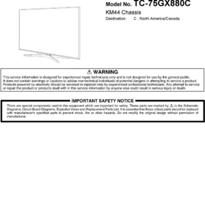 Panasonic tc 75gx880 75gx880c service manual cover with photo of the television, TV type, chassis code, model code, creation date and document number