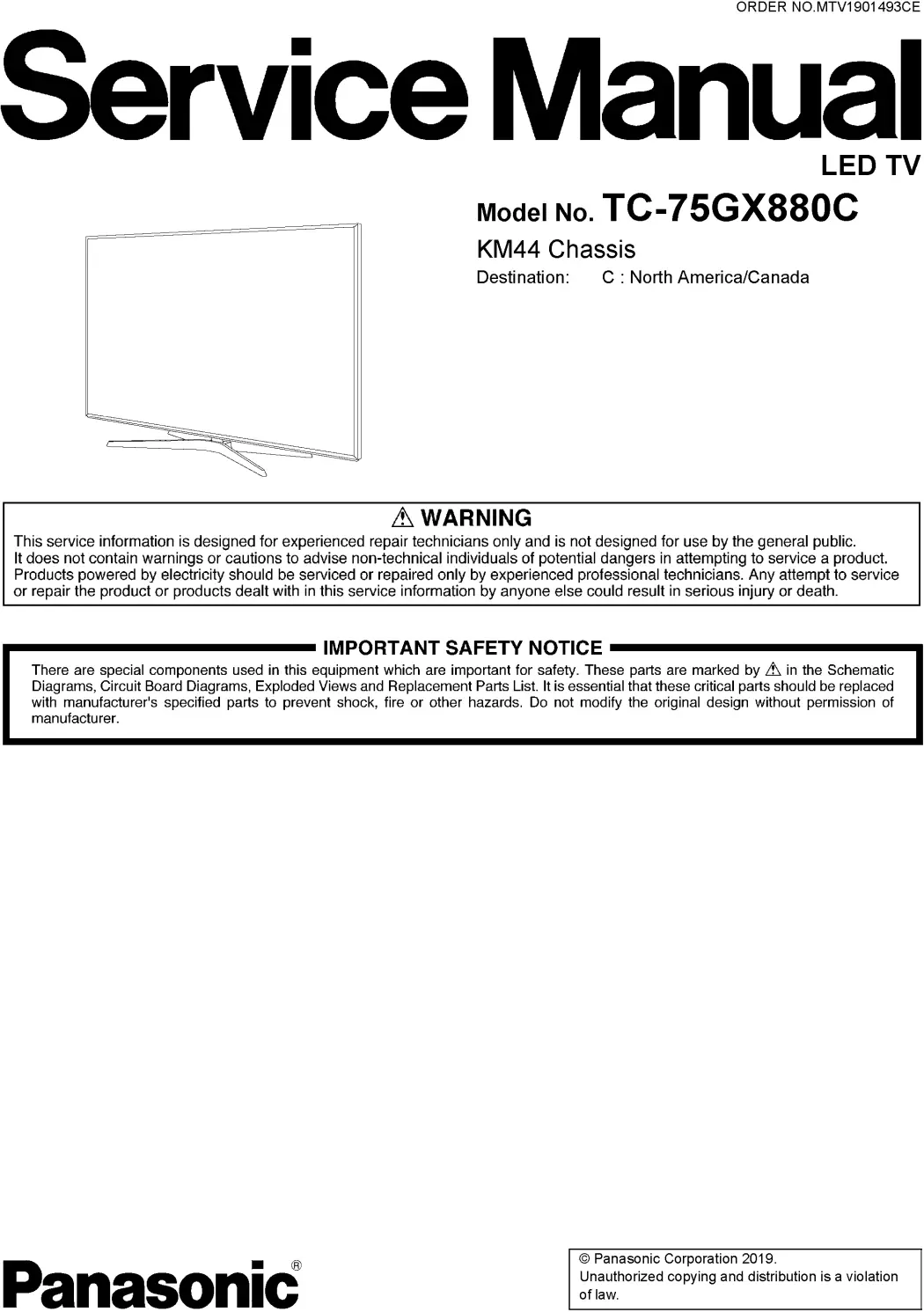 Panasonic tc 75gx880 75gx880c service manual cover with photo of the television, TV type, chassis code, model code, creation date and document number