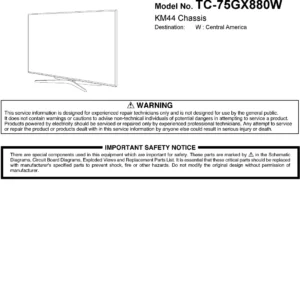 Panasonic tc 75gx880 75gx880w service manual cover with photo of the television, TV type, chassis code, model code, creation date and document number
