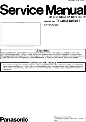 Panasonic tc 85ax850u service manual cover with photo of the television, TV type, chassis code, model code, creation date and document number