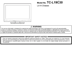 Panasonic tc l19c30 service manual cover with photo of the television, TV type, chassis code, model code, creation date and document number