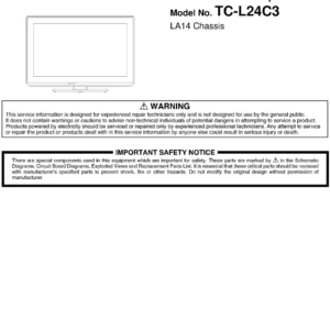 Panasonic tc l24c3 service manual cover with photo of the television, TV type, chassis code, model code, creation date and document number