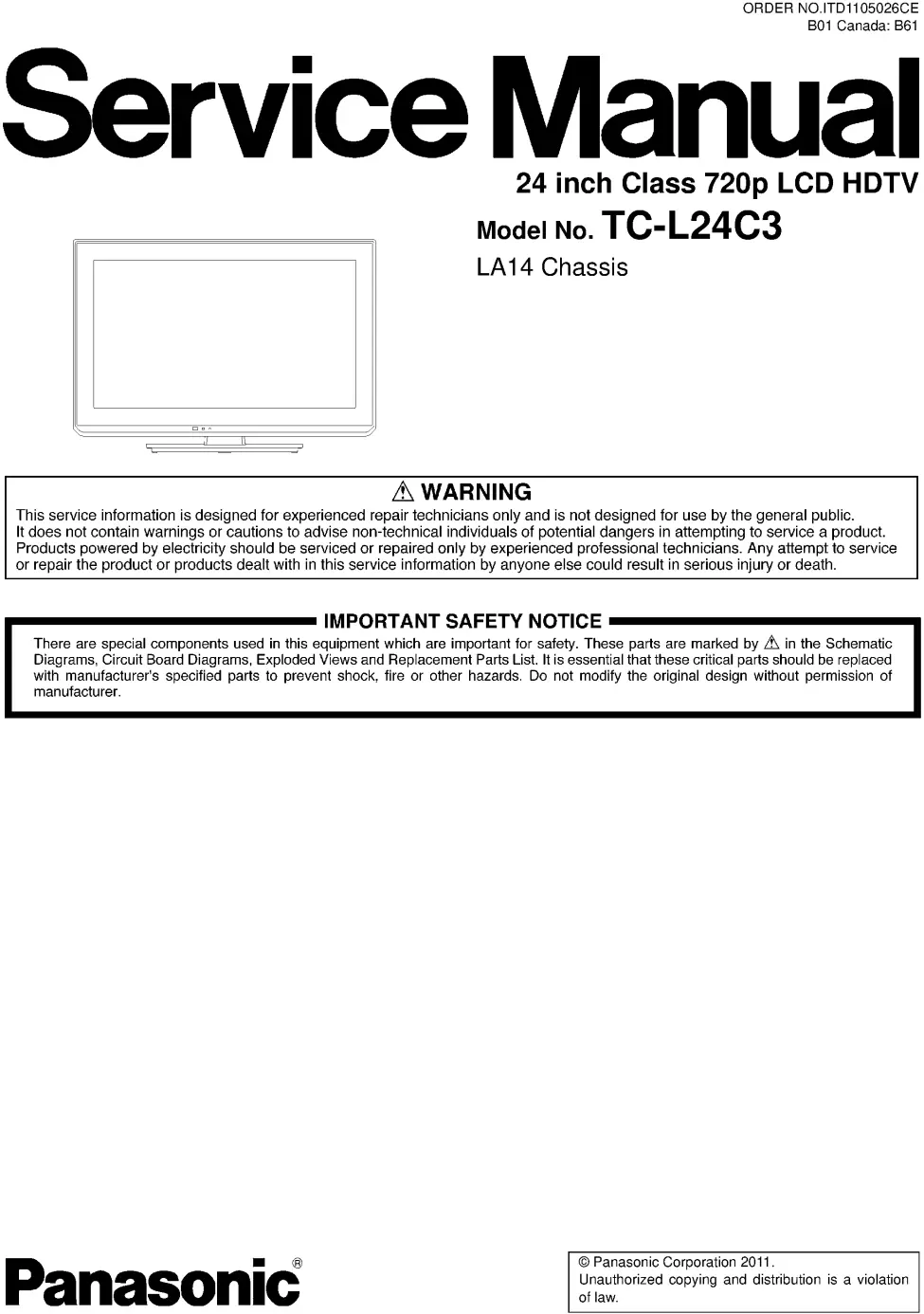 Panasonic tc l24c3 service manual cover with photo of the television, TV type, chassis code, model code, creation date and document number