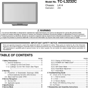 Panasonic tc l3232c service manual cover with photo of the television, TV type, chassis code, model code, creation date and document number