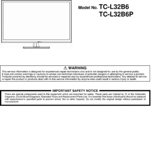 Panasonic tc l32b6 l32b6p service manual cover with photo of the television, TV type, chassis code, model code, creation date and document number