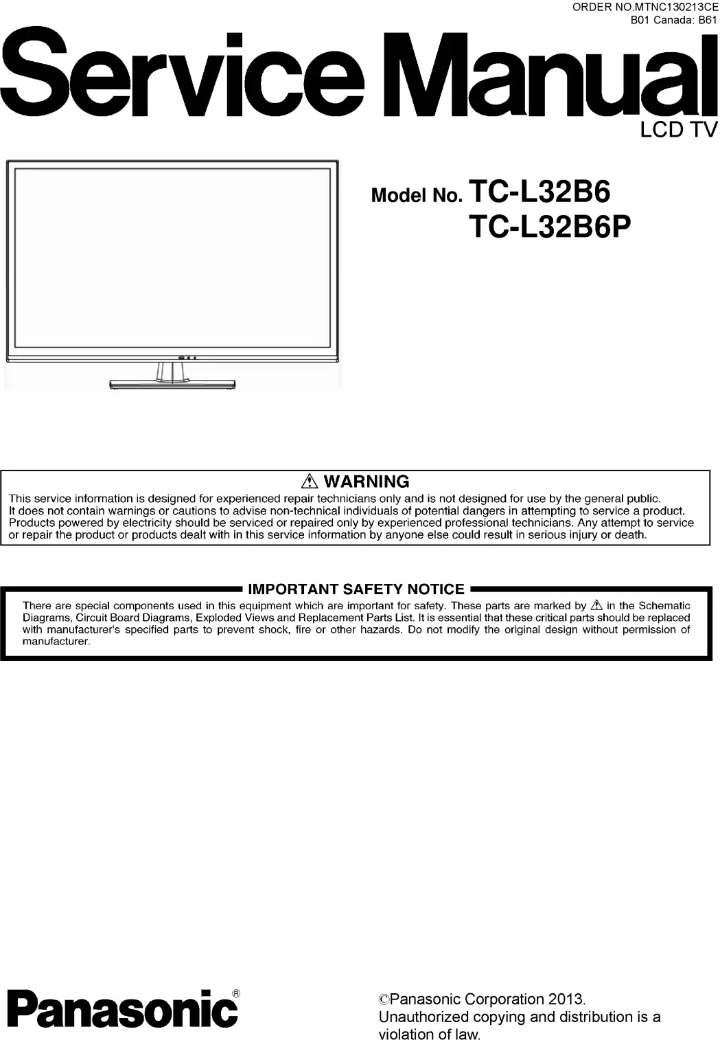 Panasonic tc l32b6 l32b6p service manual cover with photo of the television, TV type, chassis code, model code, creation date and document number