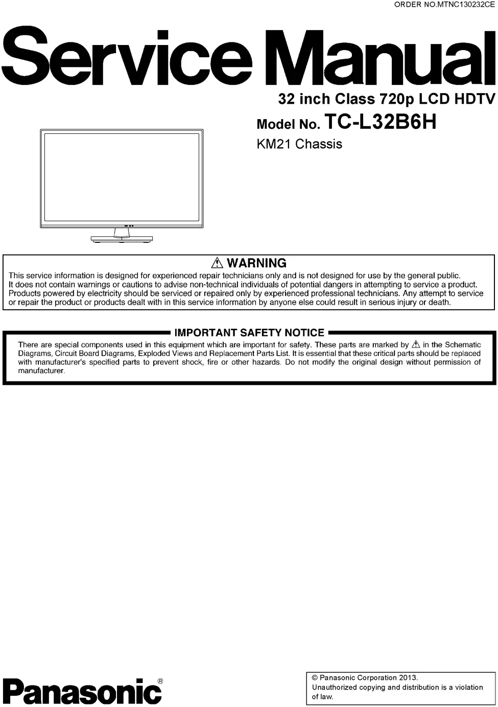Panasonic tc l32b6h service manual cover with photo of the television, TV type, chassis code, model code, creation date and document number