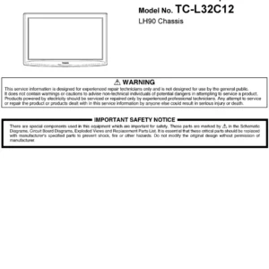 Panasonic tc l32c12 service manual cover with photo of the television, TV type, chassis code, model code, creation date and document number