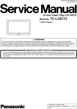 Panasonic tc l32c12 service manual cover with photo of the television, TV type, chassis code, model code, creation date and document number