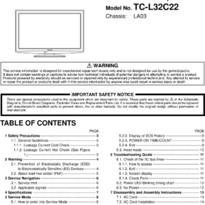 Panasonic tc l32c22 service manual cover with photo of the television, TV type, chassis code, model code, creation date and document number