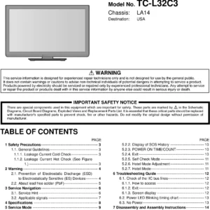 Panasonic tc l32c3 service manual cover with photo of the television, TV type, chassis code, model code, creation date and document number