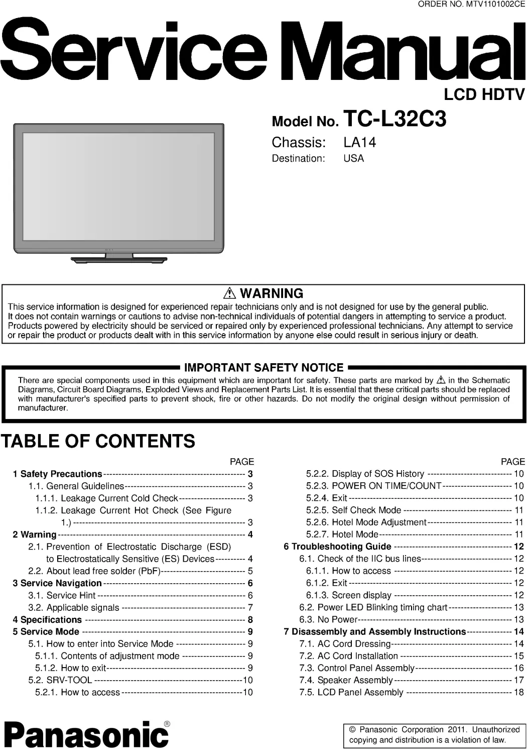 Panasonic tc l32c3 service manual cover with photo of the television, TV type, chassis code, model code, creation date and document number