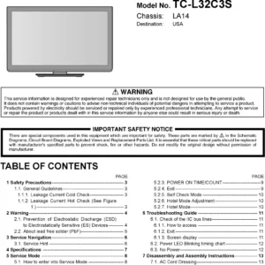 Panasonic tc l32c3s service manual cover with photo of the television, TV type, chassis code, model code, creation date and document number