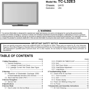 Panasonic tc l32e3 service manual cover with photo of the television, TV type, chassis code, model code, creation date and document number