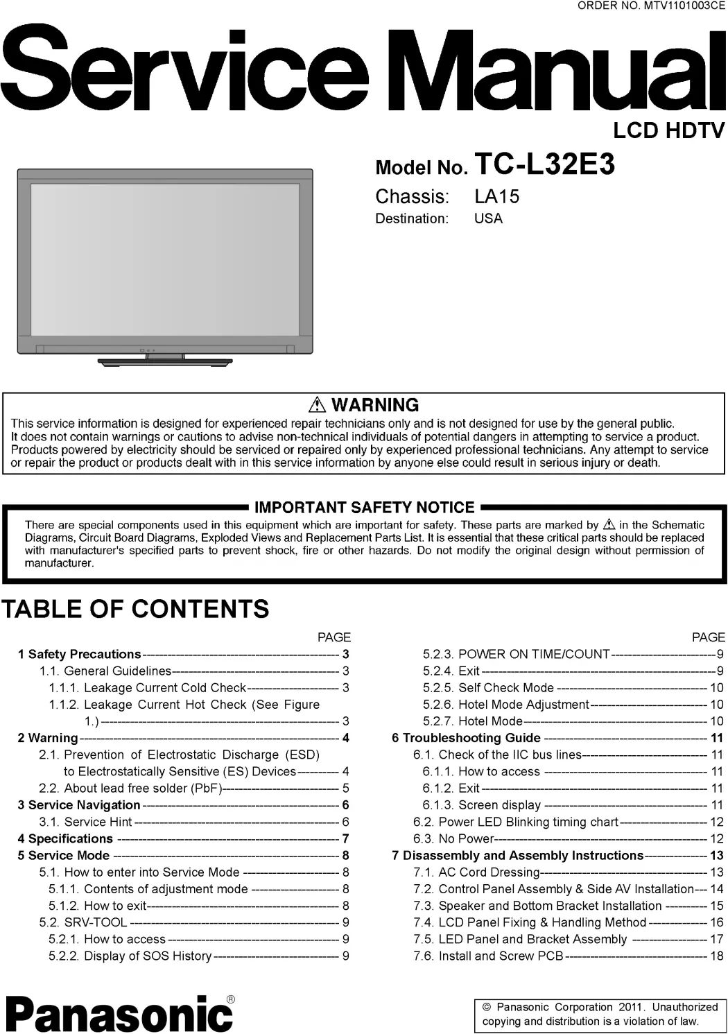 Panasonic tc l32e3 service manual cover with photo of the television, TV type, chassis code, model code, creation date and document number