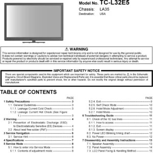 Panasonic tc l32e5 service manual cover with photo of the television, TV type, chassis code, model code, creation date and document number