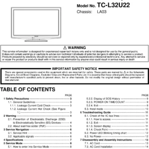 Panasonic tc l32u22 service manual cover with photo of the television, TV type, chassis code, model code, creation date and document number