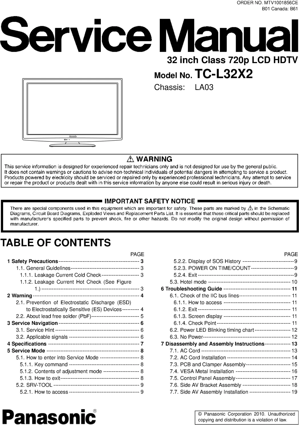Panasonic tc l32x2 service manual cover with photo of the television, TV type, chassis code, model code, creation date and document number