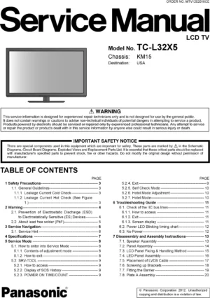 Panasonic tc l32x5 service manual cover with photo of the television, TV type, chassis code, model code, creation date and document number