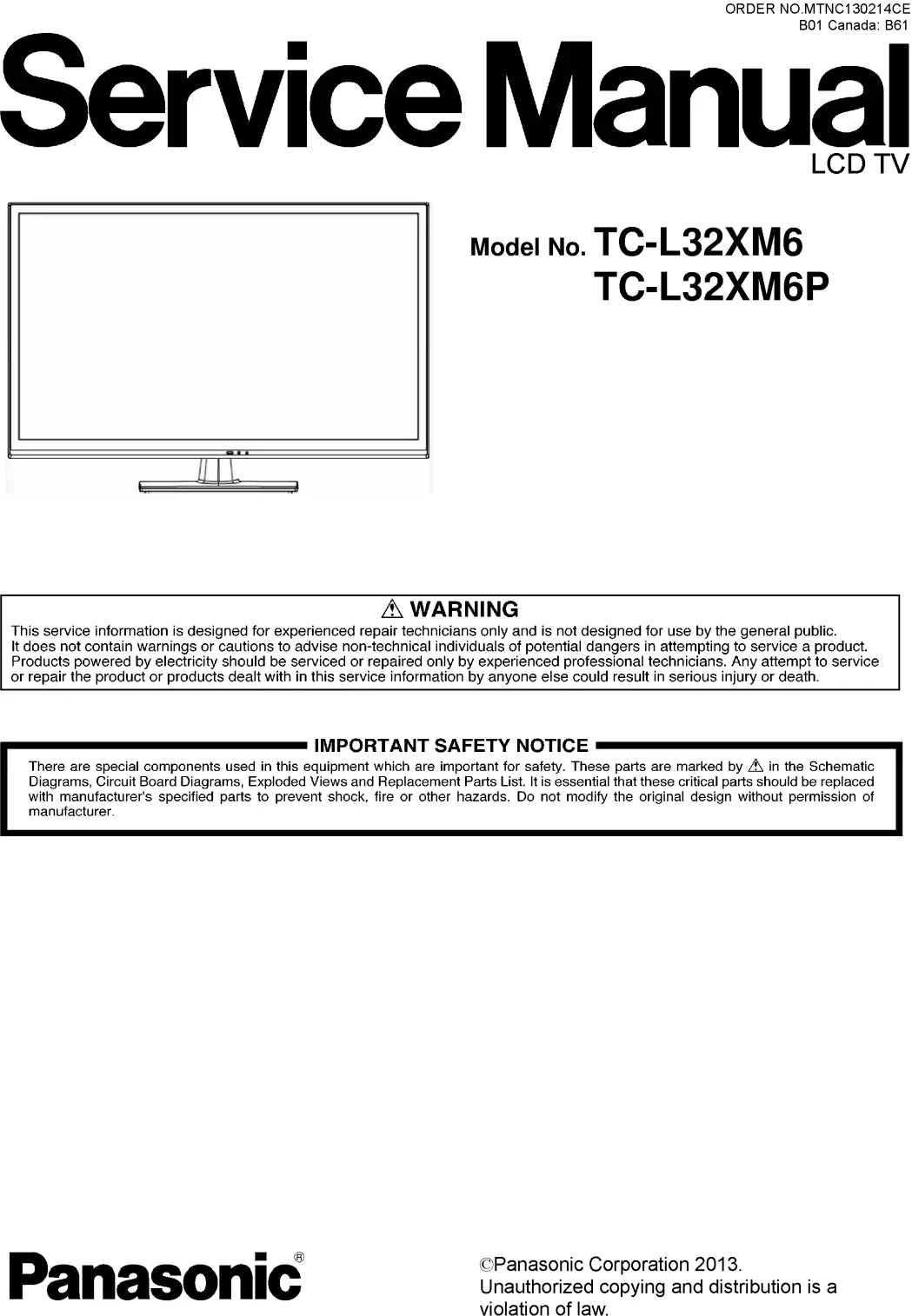 Panasonic tc l32xm6 service manual cover with photo of the television, TV type, chassis code, model code, creation date and document number