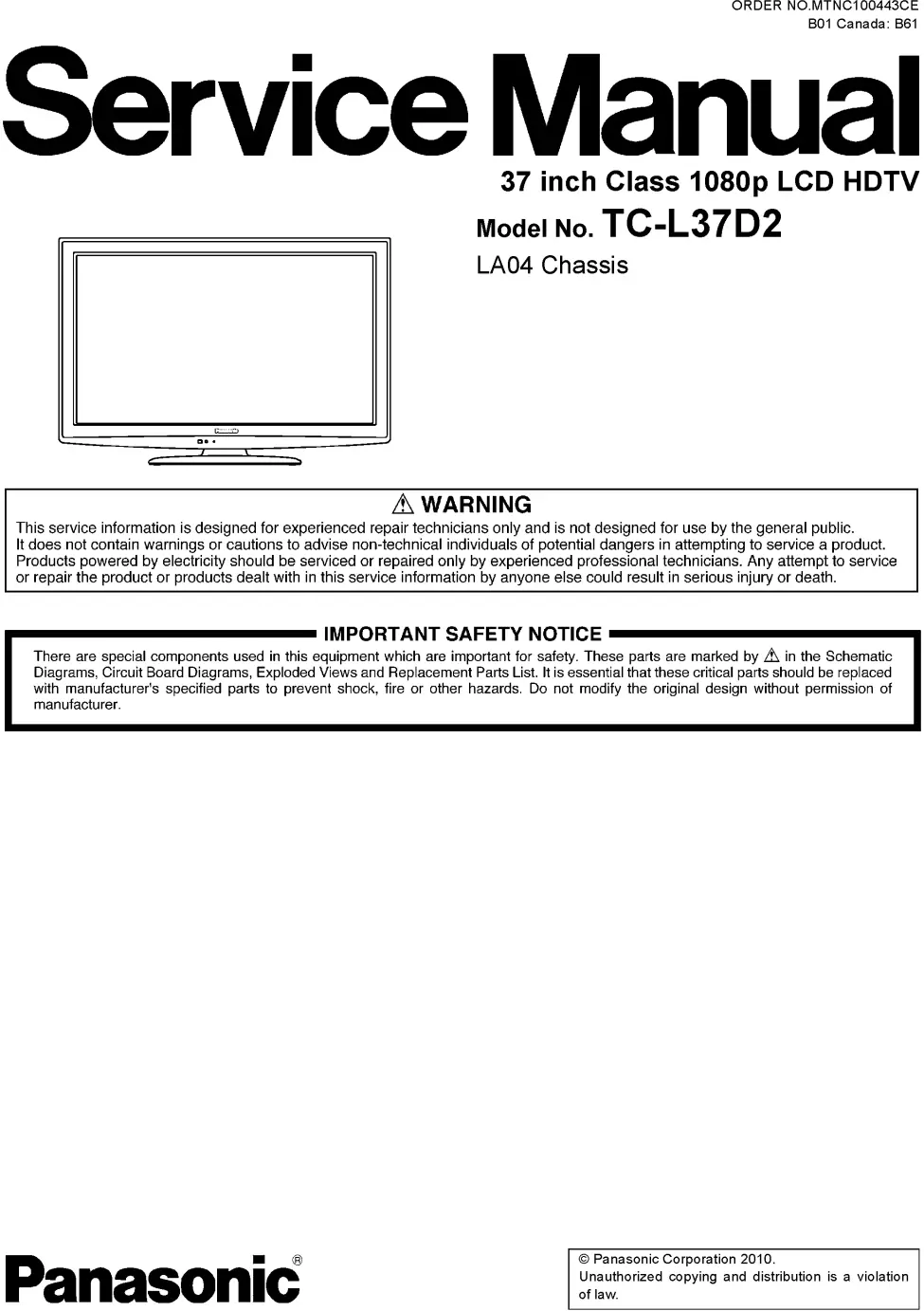 Panasonic tc l37d2 service manual cover with photo of the television, TV type, chassis code, model code, creation date and document number