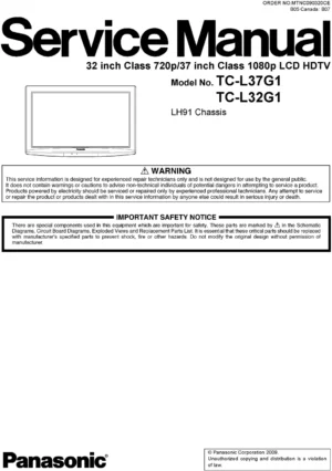 Panasonic tc l37g1 l32g1 service manual cover with photo of the television, TV type, chassis code, model code, creation date and document number