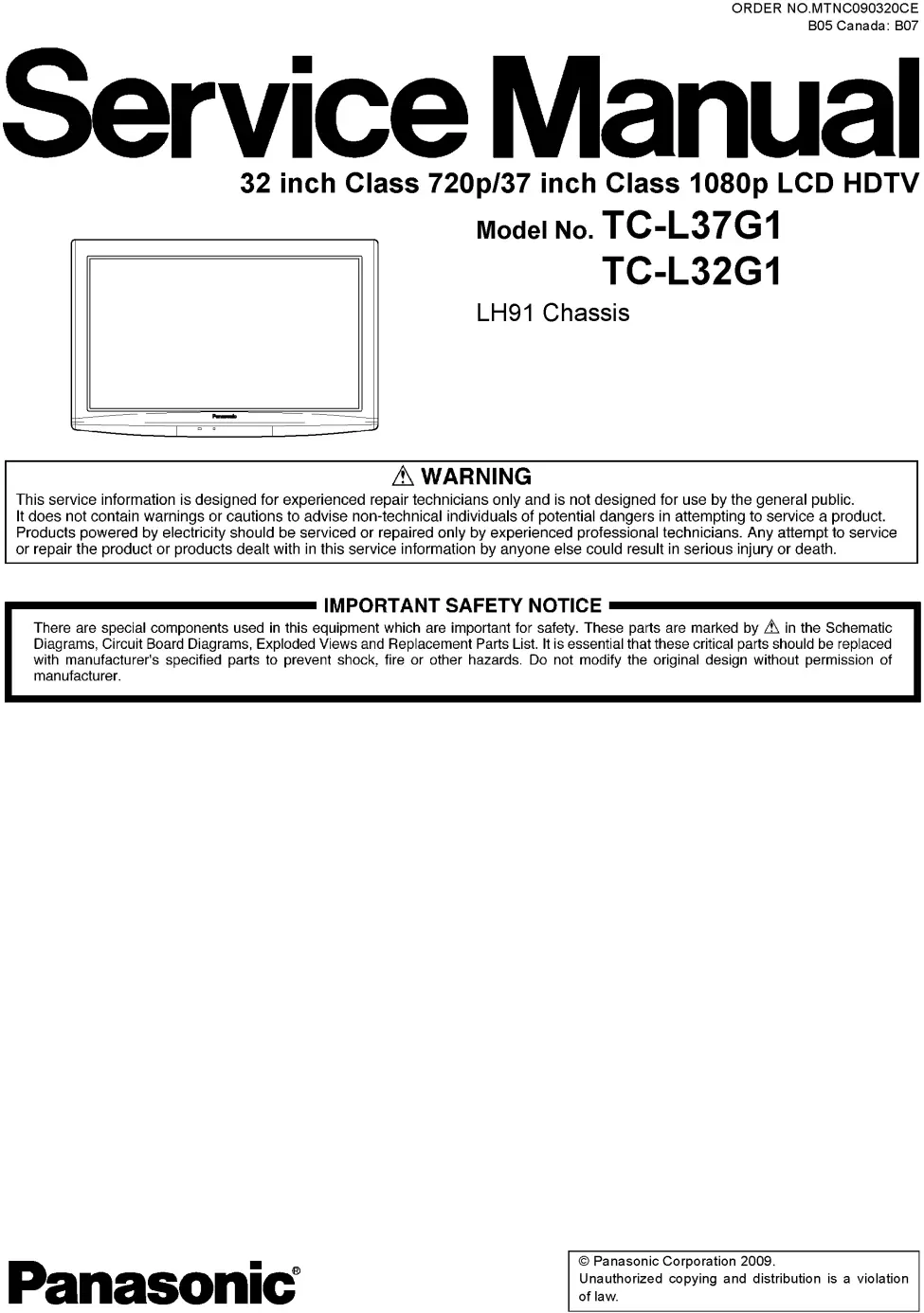 Panasonic tc l37g1 l32g1 service manual cover with photo of the television, TV type, chassis code, model code, creation date and document number
