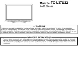 Panasonic tc l37u22 service manual cover with photo of the television, TV type, chassis code, model code, creation date and document number