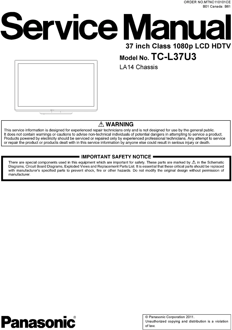 Panasonic tc l37u3 service manual cover with photo of the television, TV type, chassis code, model code, creation date and document number