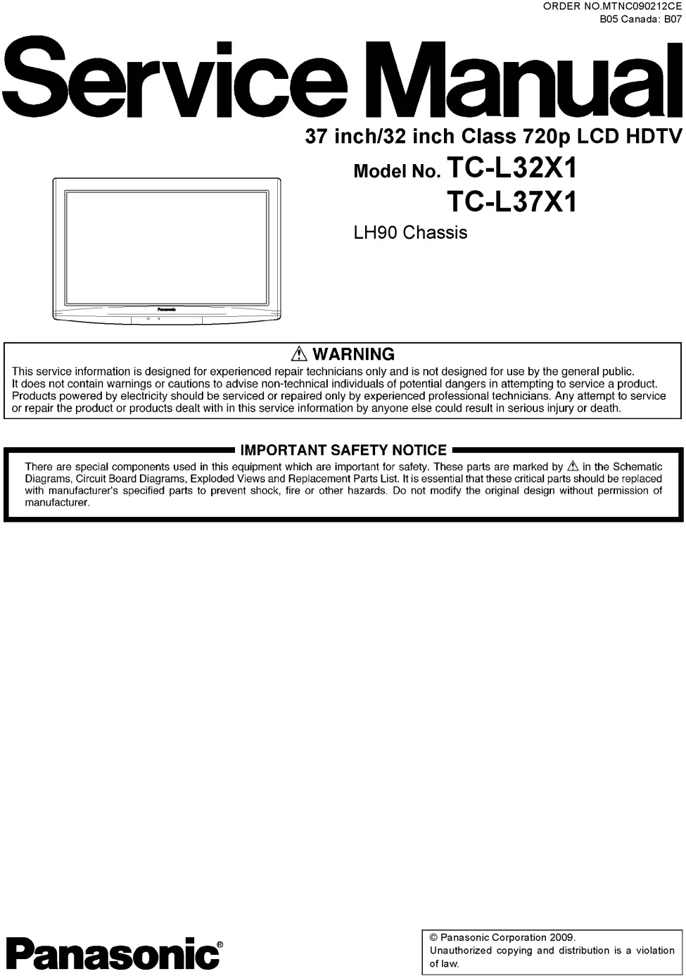 Panasonic tc l37x1 l32x1 service manual cover with photo of the television, TV type, chassis code, model code, creation date and document number